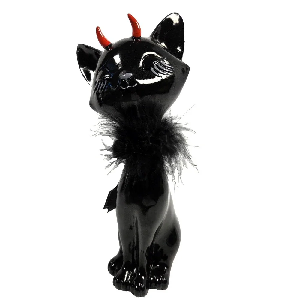 Bella Lux Devil Cat Figurine Black Red Horns Feather Collar Gothic Halloween Dec